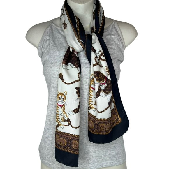 Unbranded Accessories - Vintage Kittens and Rope Rectangle Scarf Brown White Silk Tabby Calico 53 in